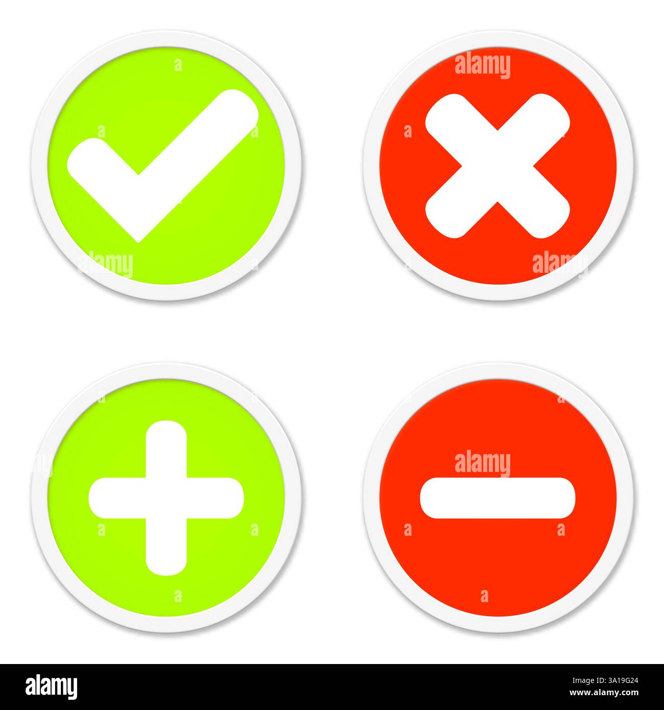 Quatre boutons isolés ronds en rouge et vert indiquent Oui non plus moins Banque D'Images