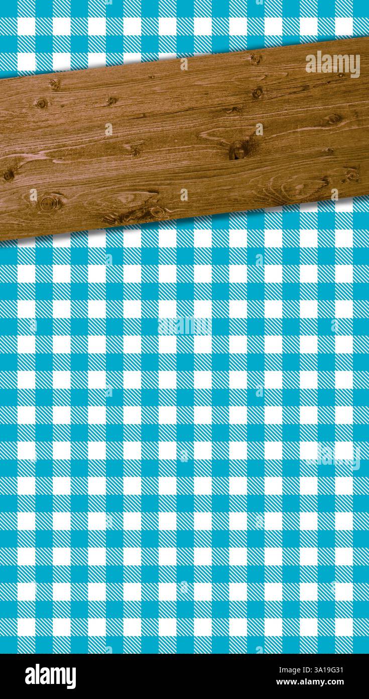 Fond vertical vérifié bleu blanc avec planche en bois inclinée pour le texte Banque D'Images