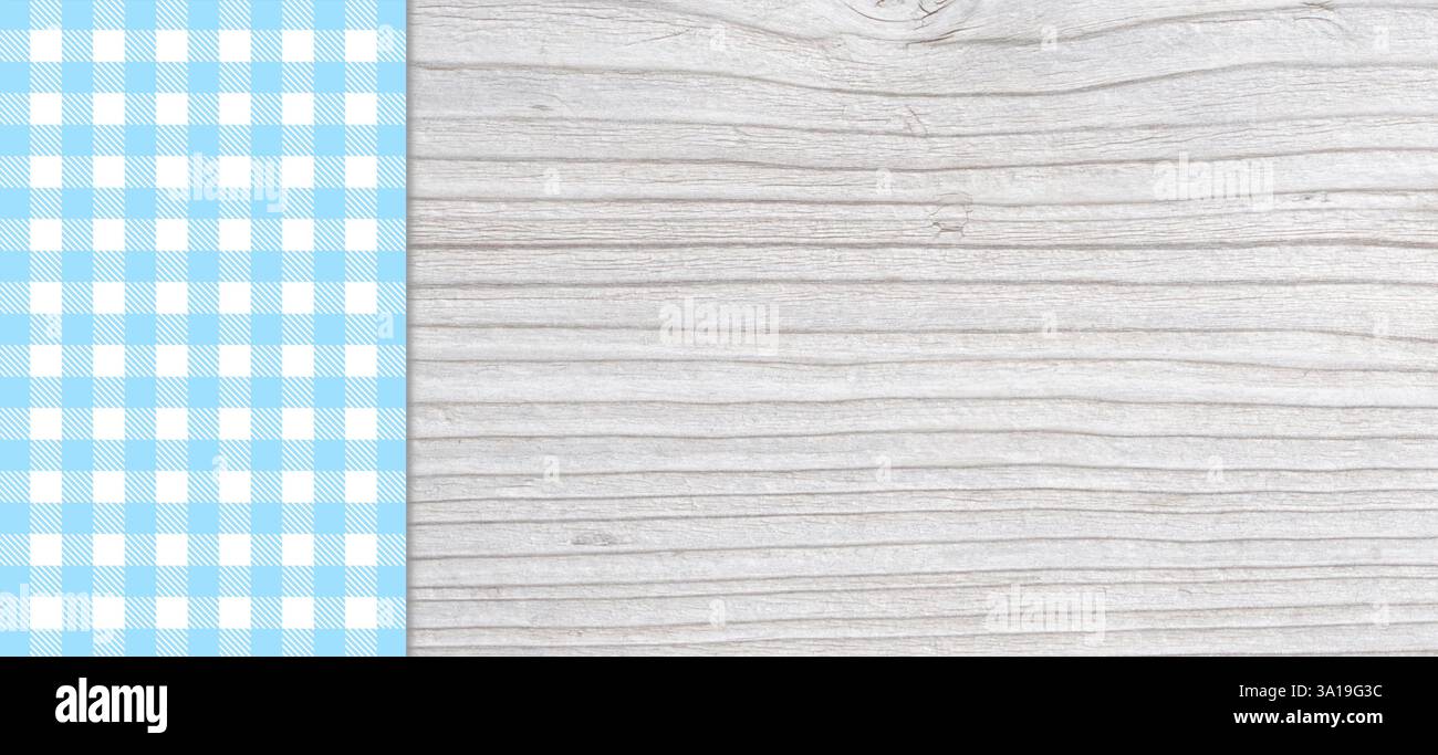 Vieille planche en bois de couleur claire comme fond avec nappe traditionnelle à carreaux en bleu et blanc Banque D'Images