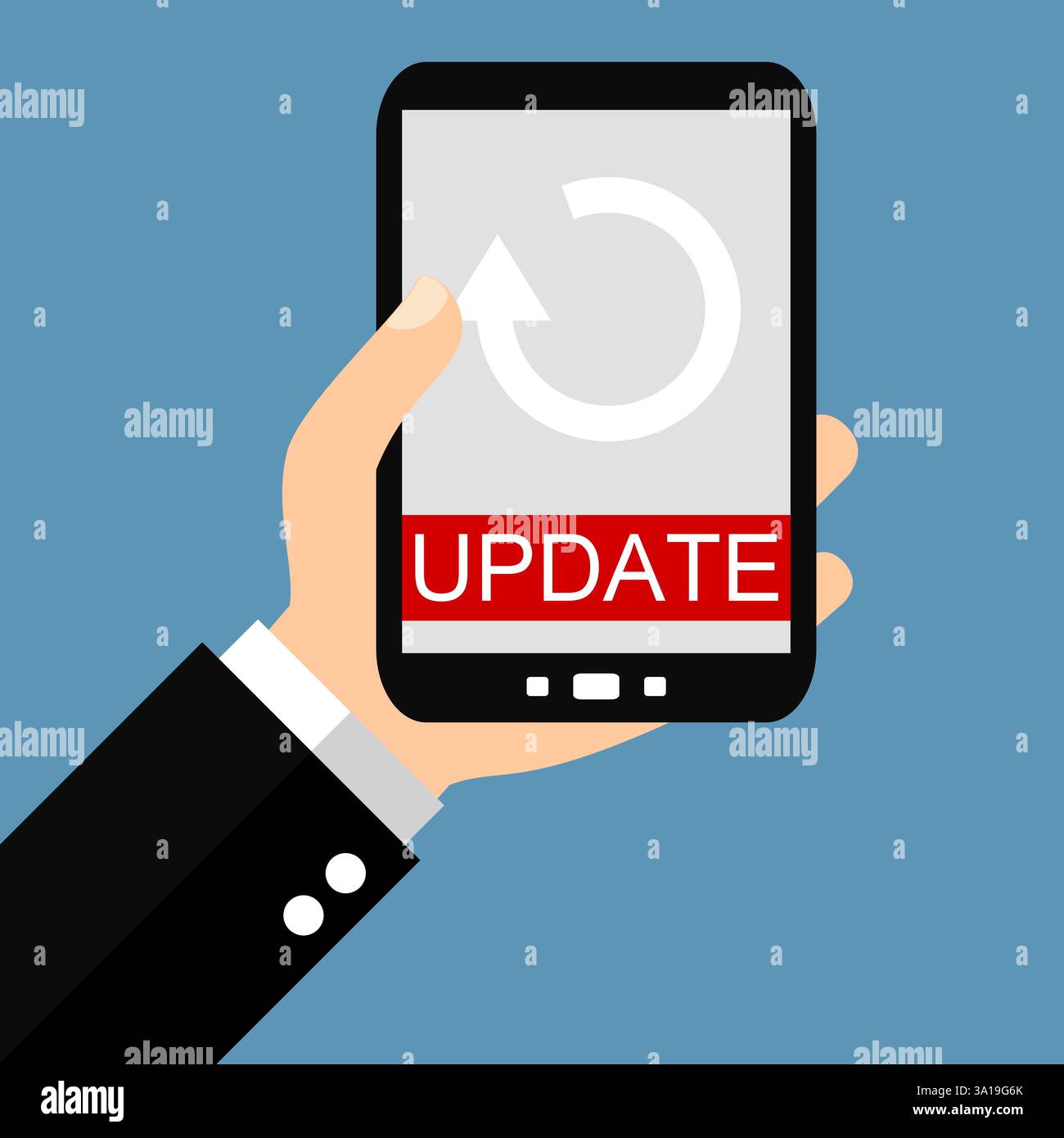 Main avec smartphone : mise à jour - Flat Design Banque D'Images