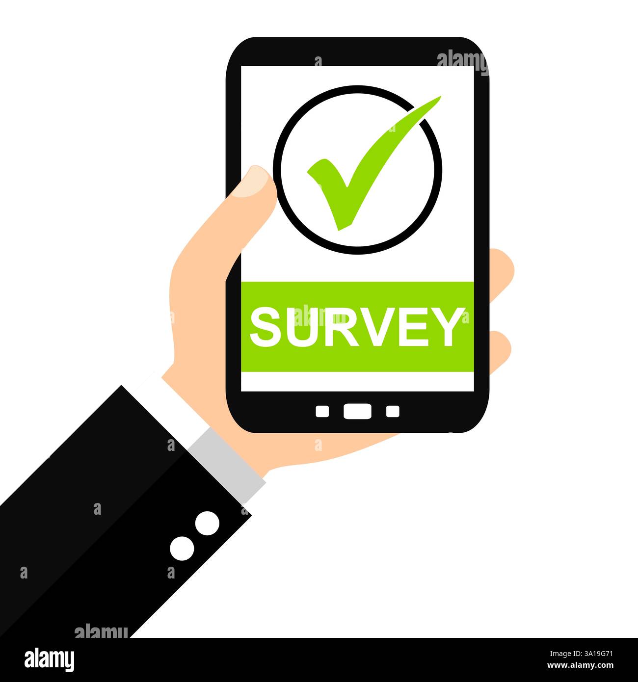Main avec smartphone : enquête - Flat Design Banque D'Images
