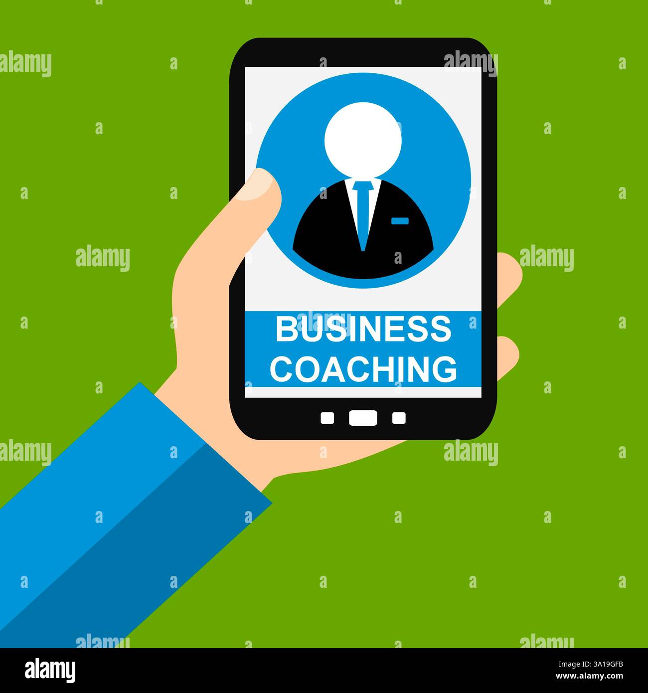 Main avec smartphone : Business Coaching - Flat Design Banque D'Images