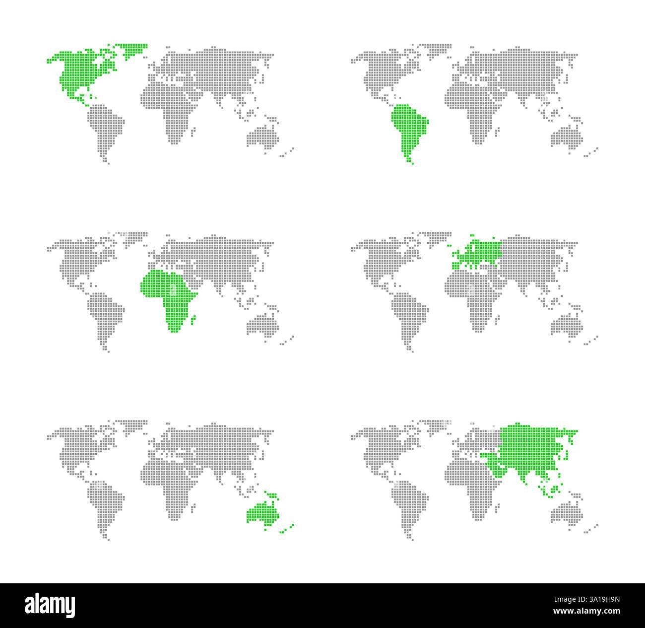 Série de 6 cartes isolées du monde avec les continents de l'Amérique du Nord, de l'Amérique du Sud, de l'Europe, de l'Afrique, de l'Asie et de l'Australie marqués en vert Banque D'Images