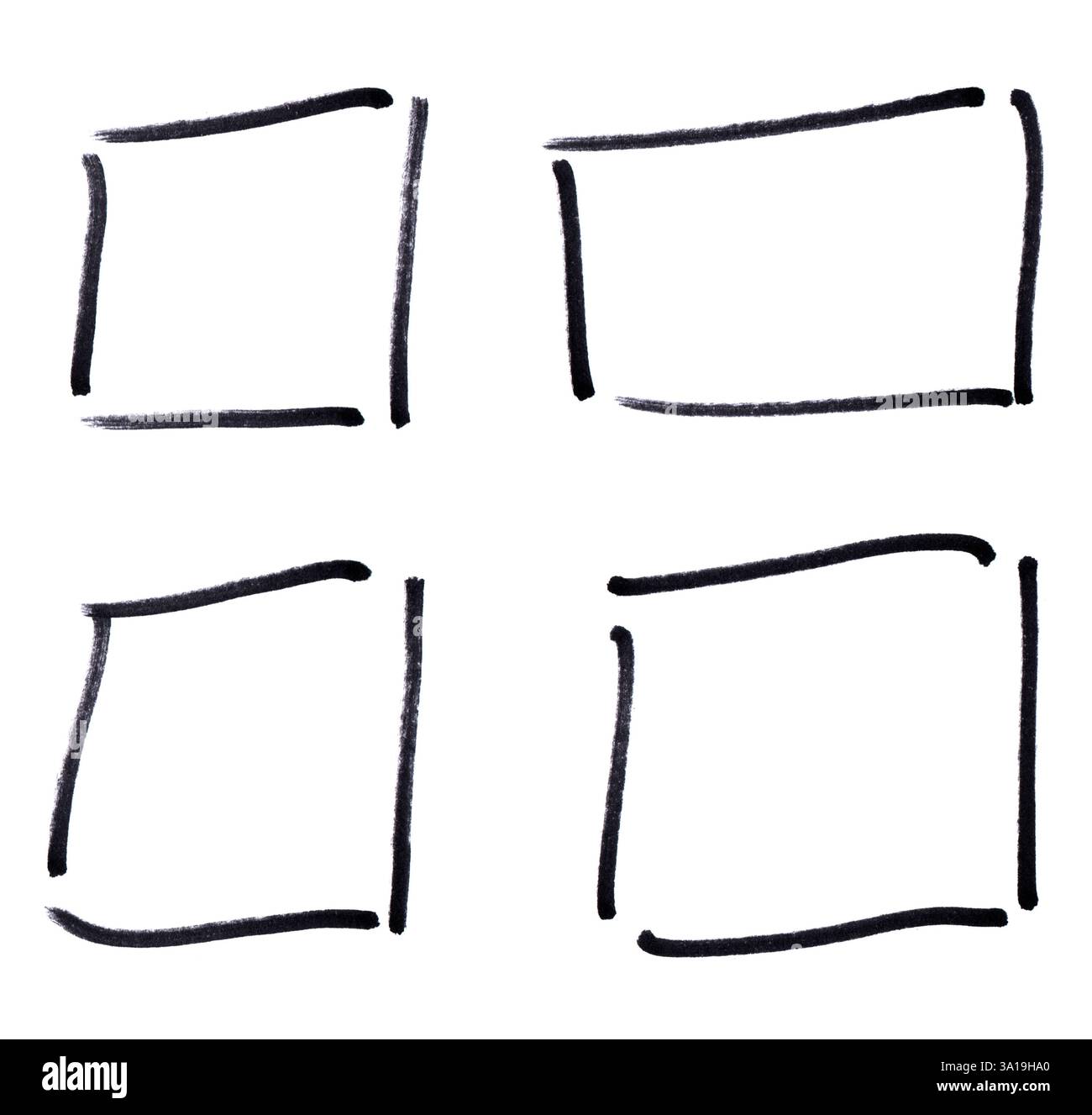 4 croquis isolés de boîtes blanches peints en désordre peints avec un crayon noir Banque D'Images