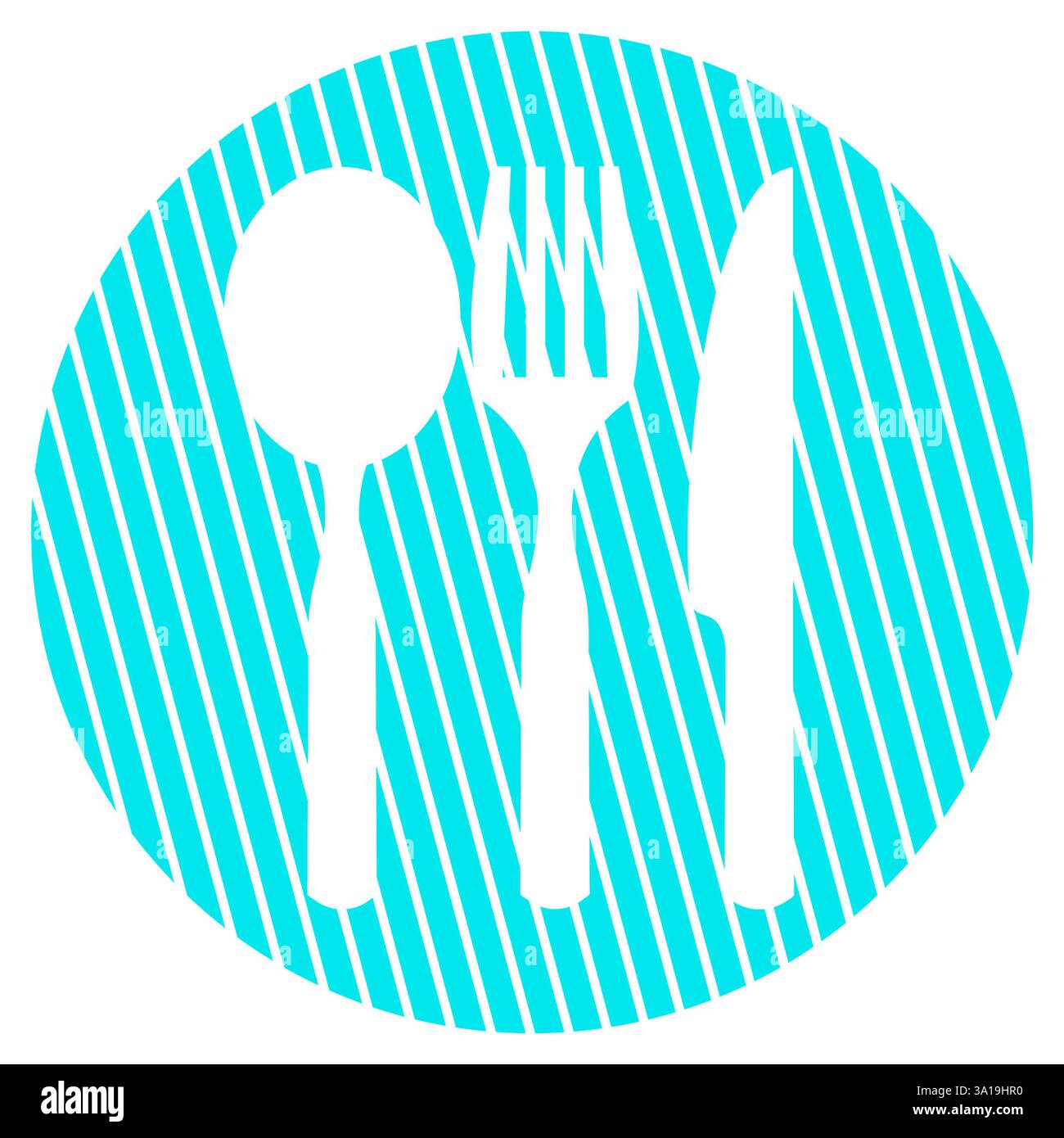 Cercle bleu clair rayé rond avec symbole de coutellerie blanc comme icône pour le restaurant ou la nourriture Banque D'Images