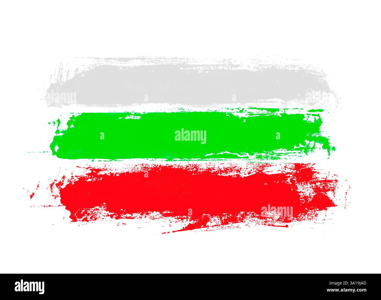 Bulgarie - drapeau de trois rayures grunge désordonnées peintes à la main en blanc, vert, rouge Banque D'Images