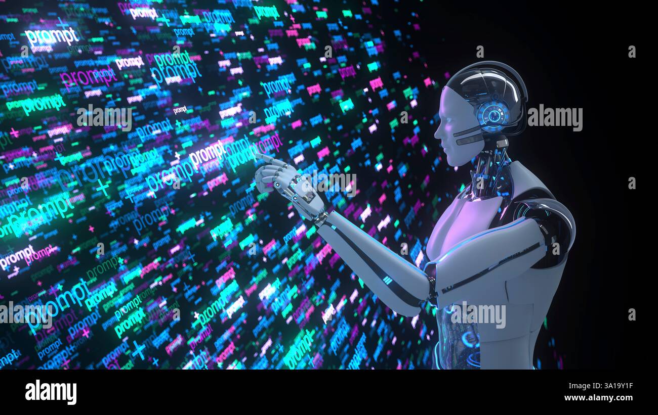 Robot humanoïde avec beaucoup d'invites. illustration 3d. Banque D'Images