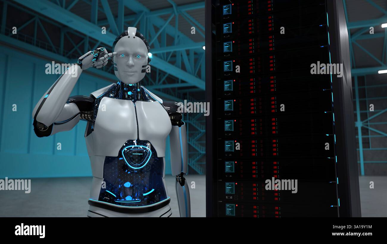 Robot humanoïde avec un rack de serveur dans un hall. 3d illustration. Banque D'Images