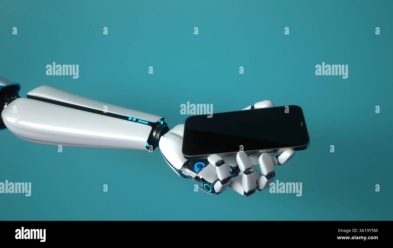 Une main de robot humanoïde avec un smartphone. illustration 3d. Banque D'Images