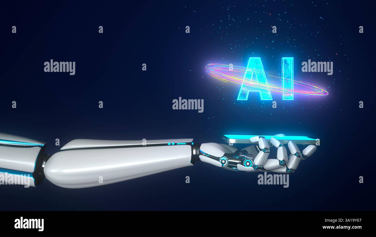 Main robot humanoïde avec un smartphone texte ai. illustration 3d. Banque D'Images