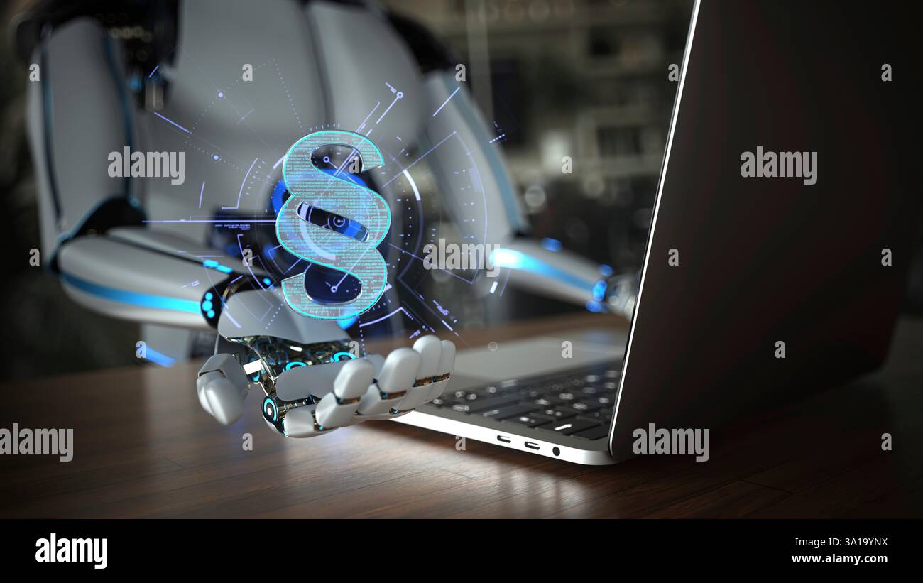 Robot humanoïde travaille comme assistant dans un cabinet d'avocats. 3d illustration. Banque D'Images