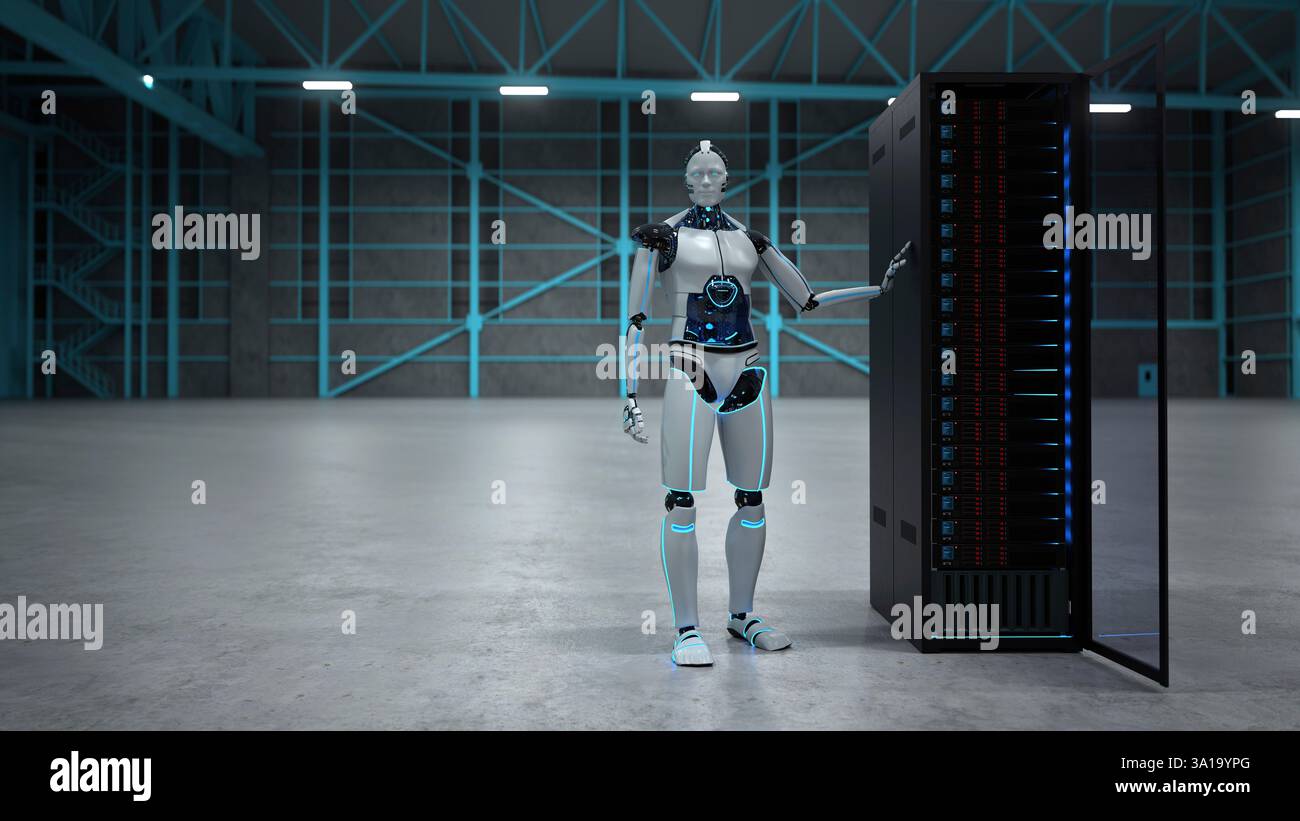 Robot humanoïde avec un rack de serveur dans un hall. 3d illustration. Banque D'Images