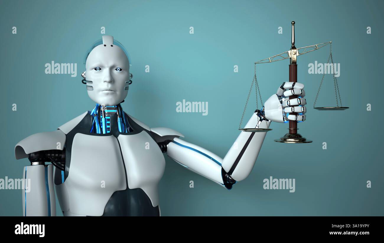 Le robot humanoïde détient les échelles de la justice. illustration 3d. Banque D'Images