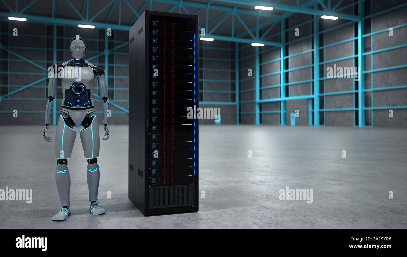 Robot humanoïde avec un rack de serveur dans un hall. 3d illustration. Banque D'Images