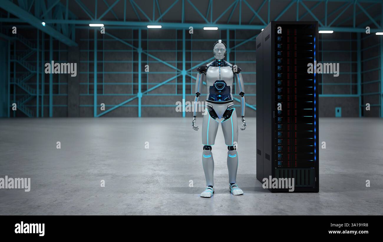 Robot humanoïde avec un rack de serveur dans un hall. 3d illustration. Banque D'Images