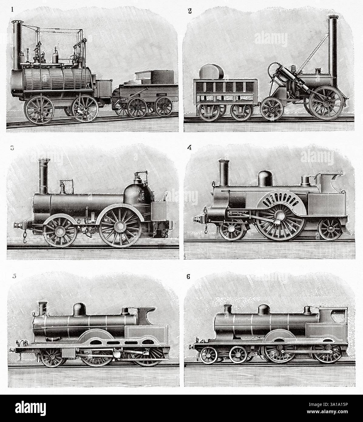 Transformations successives des locomotives de la London and North Western Railways. 1, la Locomotion No. 1 (initialement nommée Active) est une locomotive à vapeur construite en 1825. 2, The Rocket de George et Robert Stephenson. 3, Stephenson's 2-2-0 'Planet', un type de chaudière horizontale précoce. 4, locomotive no 379 Sedgwick. 5, locomotive à vapeur composée conçue par Francis Webb. Ancienne illustration gravée du XIXe siècle de la nature 1907 Banque D'Images
