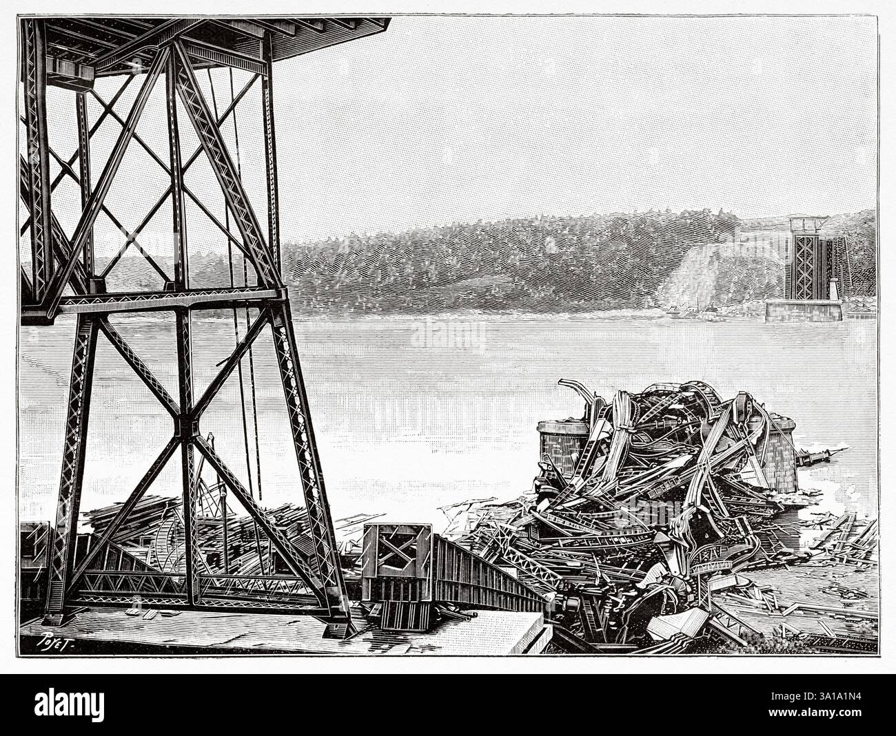 Vue du pont de Québec au moment de l'effondrement en 1907. Canada. Ancienne illustration gravée du XIXe siècle par Louis Poyet (1846 - 1913) de la nature 1907 Banque D'Images