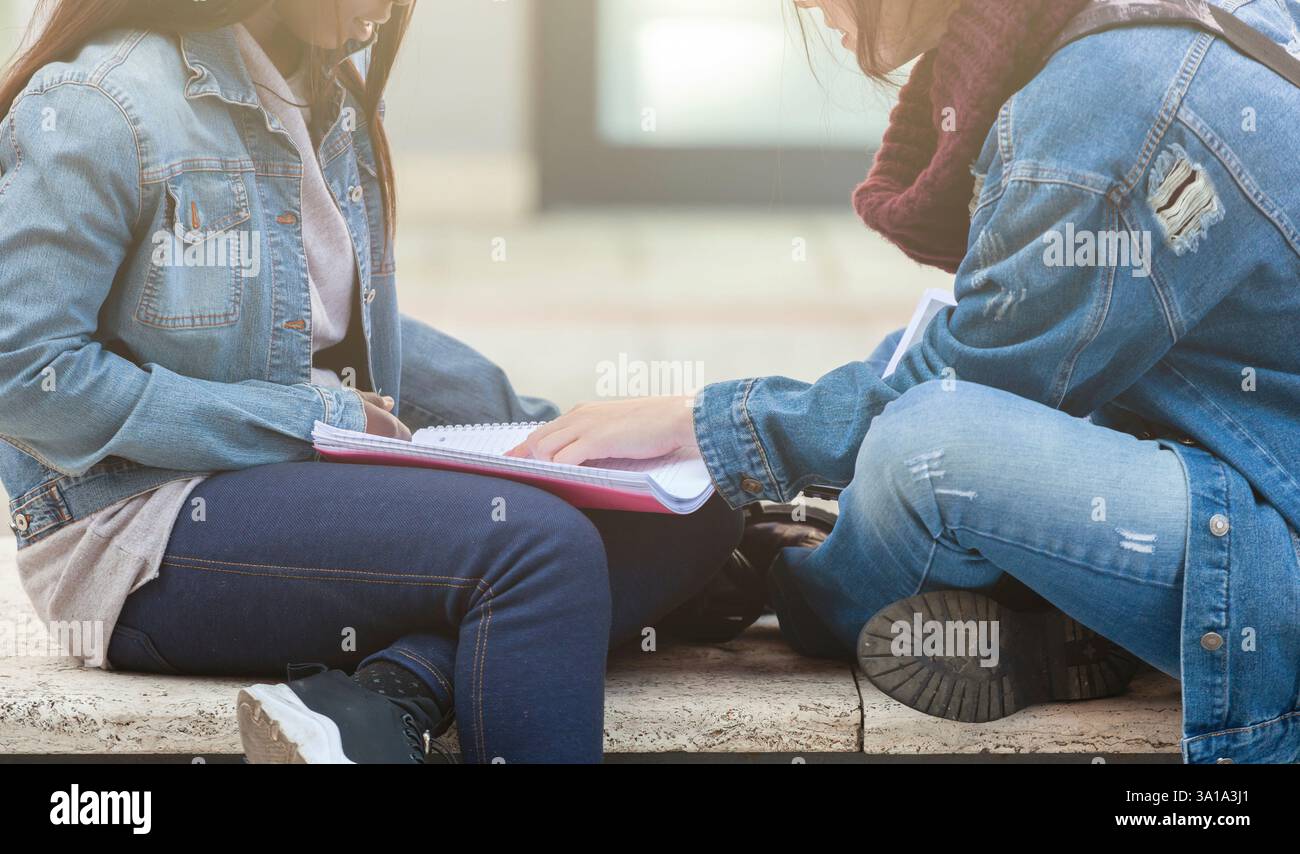 Deux jeunes femmes, de race blanche et de l'Afrique de l'appartenance ethnique, de l'étude à l'extérieur assis sur un banc. Banque D'Images