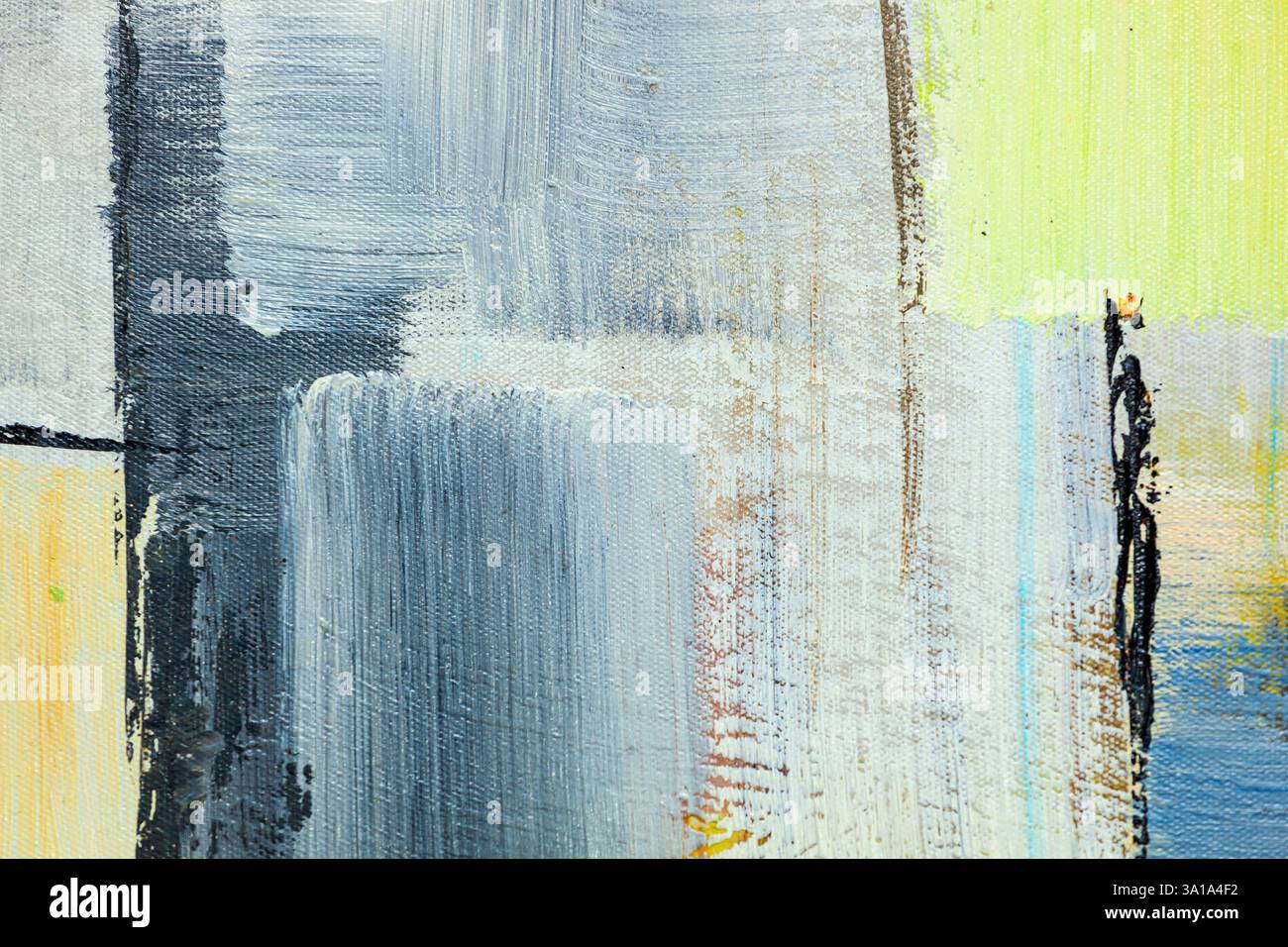 Détail abstrait de peintures acryliques sur toile. Arrière-plan artistique en relief en bleu, jaune et argent. Banque D'Images