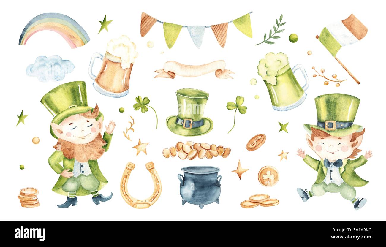Ensemble d'éléments de conception de la St Patricks Day. Drapeau irlandais, pot avec pièces d'or, Leprechaun, Alle Mug, Golden Horseshoe et Bunting Party Flags et Lucky Shamrock Banque D'Images