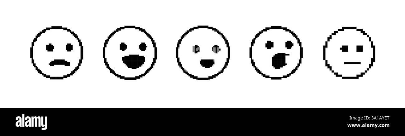 Expressions Pixel art affichant cinq émotions dans un style monochrome avec des traits faciaux simples Illustration de Vecteur