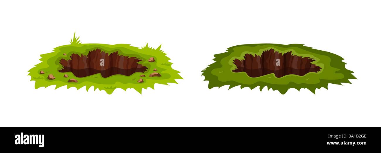 Deux trous couverts d'herbe de dessin animé dans la terre avec des roches et un sol brun Illustration de Vecteur