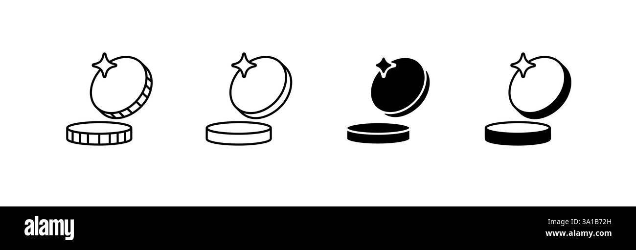 Ensemble de symboles de pièces de monnaie simples avec des dessins d'étoiles flottant au-dessus de bases circulaires dans divers styles Illustration de Vecteur