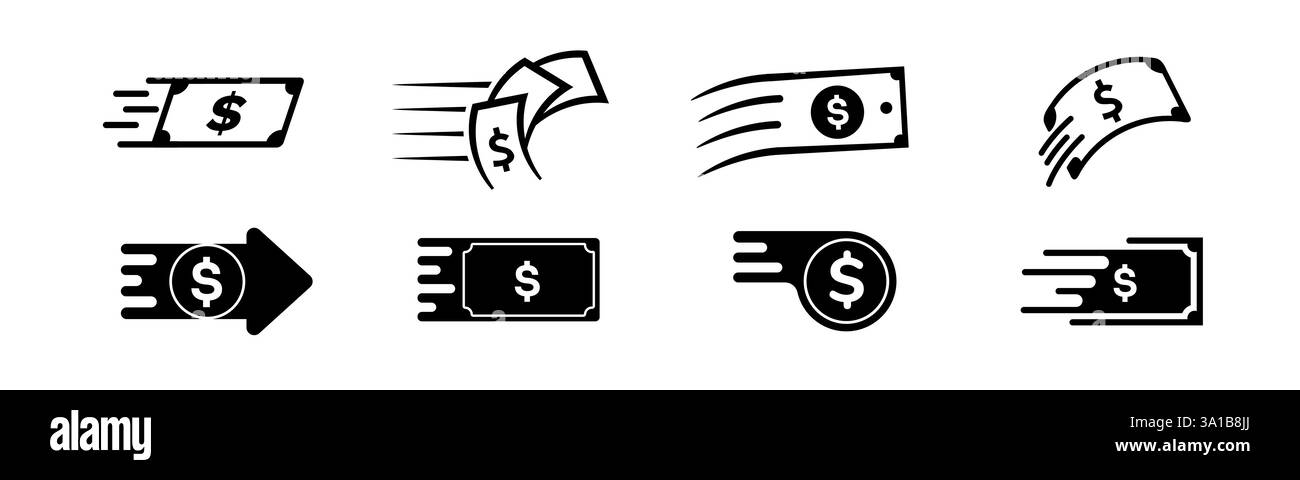 Icône d'argent noir avec flèche et dollar, représentant les transactions rapides et la richesse. Illustration de Vecteur