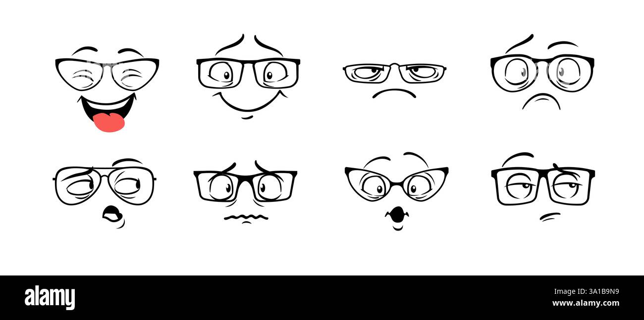 Visages de dessins animés avec des lunettes montrant diverses émotions et expressions sur fond blanc Illustration de Vecteur