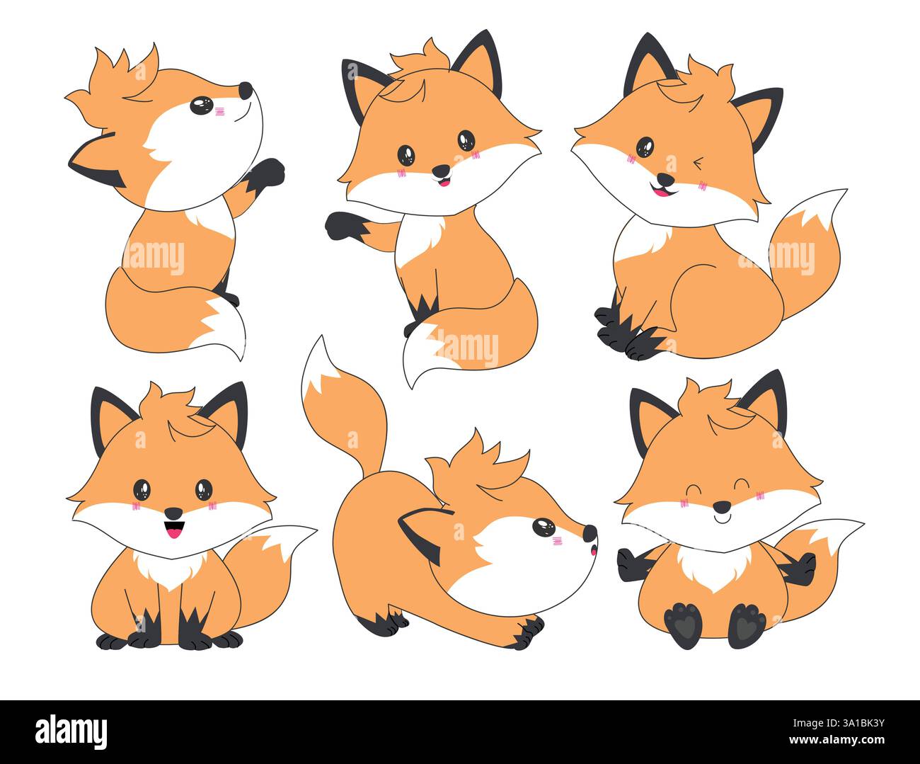 Jeu de dessin de clipart de personnage Fox. Orange Cute Fox personnage clip art contour plat 2d collection d'icônes dans heureux, joyeux, ludique, amical et intelligent Illustration de Vecteur
