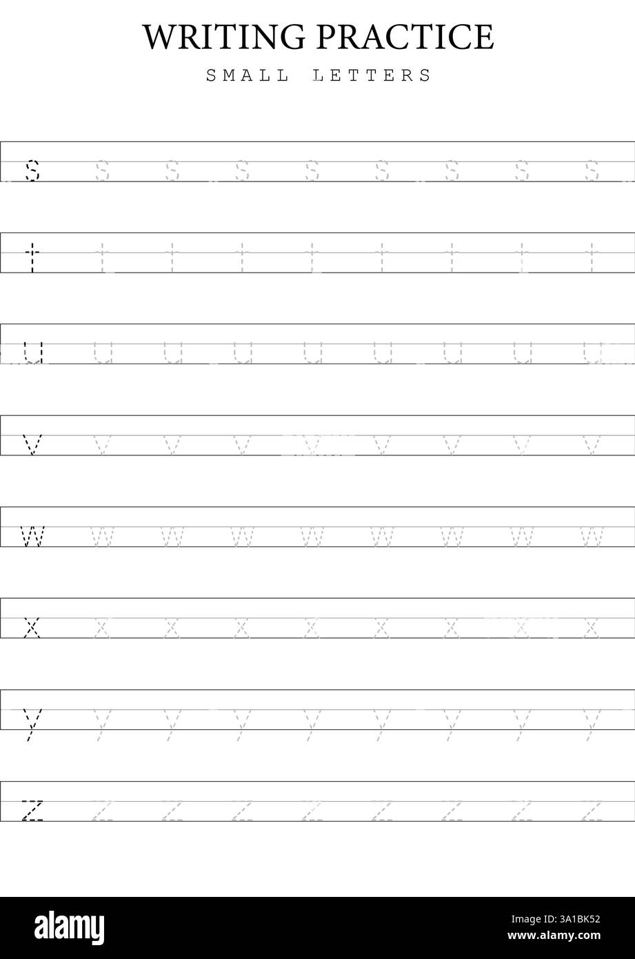 Modèle de traçage de petites lettres de 3 s à z pour les enfants, feuille de pratique d'écriture d'alphabet vectoriel simple Illustration de Vecteur