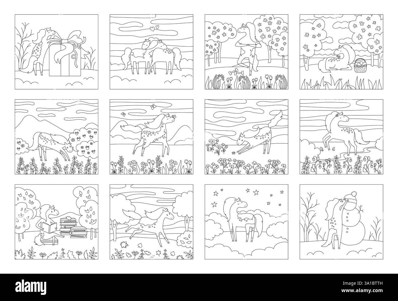 Cheval dans le livre de coloriage de dessin animé de prairie pour l'illustration vectorielle d'enfants. Ensemble de 12 pages d'art avec des chevaux dans différentes poses, scènes paysages. Quatre saisons de la nature Doodle illustration poney pour les enfants Illustration de Vecteur
