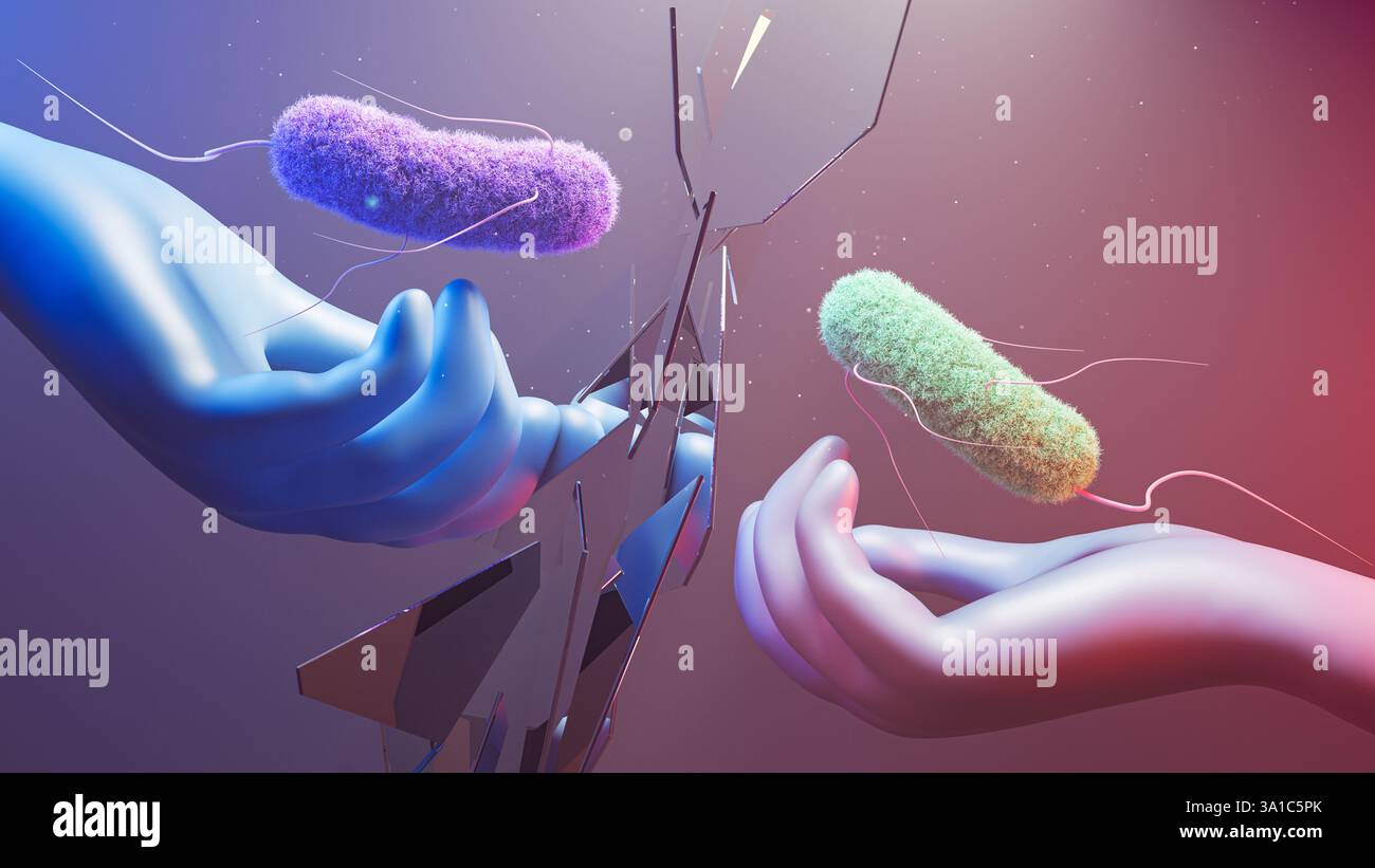 Mirror Life, illustration conceptuelle. Beaucoup de biomolécules sont chirales, c'est-à-dire qu'elles peuvent exister sous deux formes miroirs analogues à des versions droitières et gauches. Une seule des formes se retrouvera dans la nature. Par exemple, l'ADN est droitier et les protéines gaucher. Il doit être possible de réaliser des cellules, dites cellules miroirs, entièrement à partir de molécules d'image miroir. Cependant, cela a été mis en garde contre, car les systèmes immunitaires, les médicaments et les antimicrobiens ne fonctionneraient pas contre les cellules miroirs et ils pourraient se propager sans contrôle. Banque D'Images