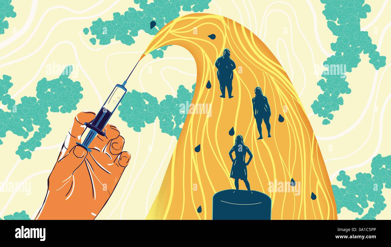 Semaglutide médicament amaigrissant, illustration conceptuelle. Commercialisé sous le nom d'Ozempic, le semaglutide est un analogue du peptide-1 de type glucagon (GLP-1) qui est utilisé pour traiter le diabète et pour la gestion du poids. Il augmente la production d'insuline, l'hormone qui abaisse le taux de sucre dans le sang, tout en supprimant la sécrétion de glucagon, l'hormone qui augmente le taux de sucre dans le sang. Il réduit également la faim et ralentit la vidange gastrique. Banque D'Images