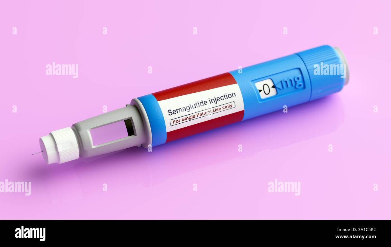 Illustration d'un stylo prérempli de semaglutide médicament contre le diabète. Commercialisé sous le nom d'Ozempic, le semaglutide est un analogue du peptide-1 de type glucagon (GLP-1) qui est utilisé pour traiter le diabète et pour la gestion du poids. Il augmente la production d'insuline, l'hormone qui abaisse le taux de sucre dans le sang, tout en supprimant la sécrétion de glucagon, l'hormone qui augmente le taux de sucre dans le sang. Il réduit également la faim et ralentit la vidange gastrique. Il est administré par injection dans la cuisse, l'abdomen ou le haut du bras. Banque D'Images