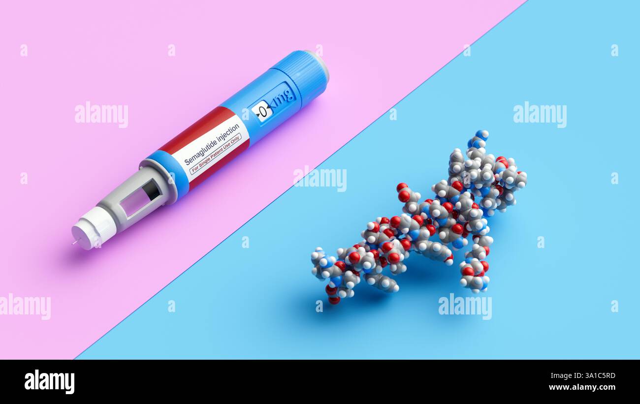 Illustration d'un stylo prérempli de sémaglutide médicament contre le diabète et d'une molécule de sémaglutide. Commercialisé sous le nom d'Ozempic, le semaglutide est un analogue du peptide-1 de type glucagon (GLP-1) qui est utilisé pour traiter le diabète et pour la gestion du poids. Il augmente la production d'insuline, l'hormone qui abaisse le taux de sucre dans le sang, tout en supprimant la sécrétion de glucagon, l'hormone qui augmente le taux de sucre dans le sang. Il réduit également la faim et ralentit la vidange gastrique. Il est administré par injection dans la cuisse, l'abdomen ou le haut du bras. Banque D'Images