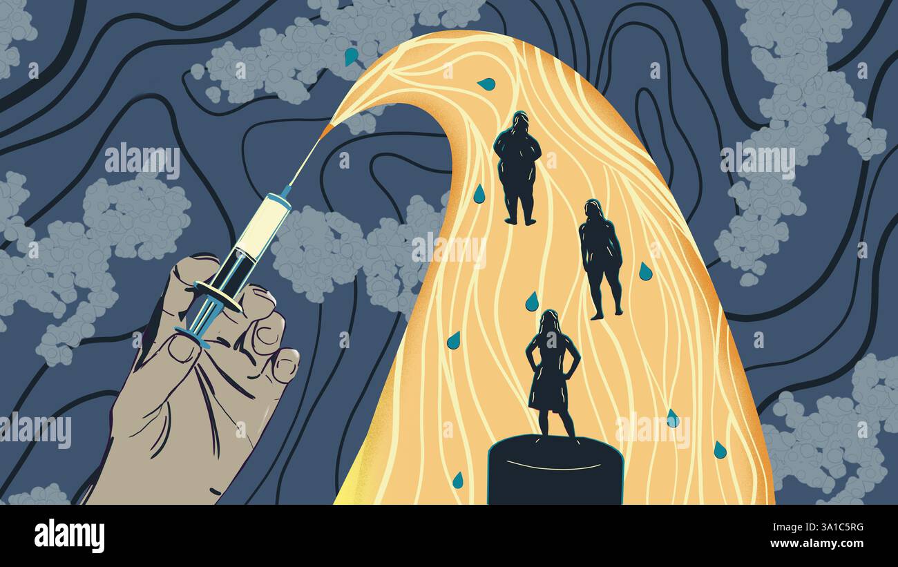 Semaglutide médicament amaigrissant, illustration conceptuelle. Commercialisé sous le nom d'Ozempic, le semaglutide est un analogue du peptide-1 de type glucagon (GLP-1) qui est utilisé pour traiter le diabète et pour la gestion du poids. Il augmente la production d'insuline, l'hormone qui abaisse le taux de sucre dans le sang, tout en supprimant la sécrétion de glucagon, l'hormone qui augmente le taux de sucre dans le sang. Il réduit également la faim et ralentit la vidange gastrique. Banque D'Images