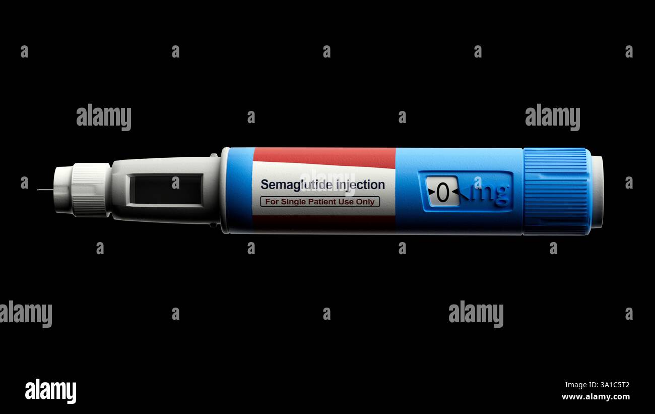 Illustration d'un stylo prérempli de semaglutide médicament contre le diabète. Commercialisé sous le nom d'Ozempic, le semaglutide est un analogue du peptide-1 de type glucagon (GLP-1) qui est utilisé pour traiter le diabète et pour la gestion du poids. Il augmente la production d'insuline, l'hormone qui abaisse le taux de sucre dans le sang, tout en supprimant la sécrétion de glucagon, l'hormone qui augmente le taux de sucre dans le sang. Il réduit également la faim et ralentit la vidange gastrique. Il est administré par injection dans la cuisse, l'abdomen ou le haut du bras. Banque D'Images