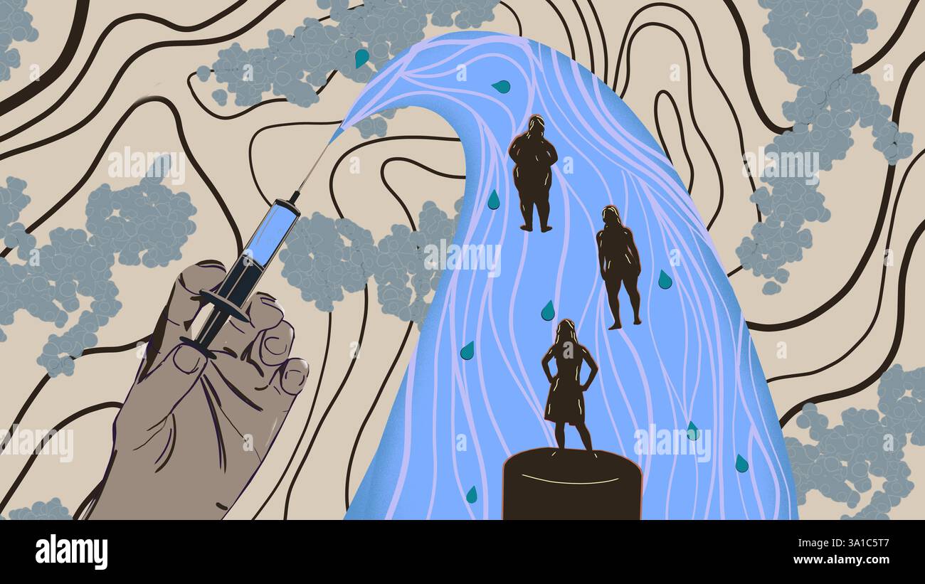 Semaglutide médicament amaigrissant, illustration conceptuelle. Commercialisé sous le nom d'Ozempic, le semaglutide est un analogue du peptide-1 de type glucagon (GLP-1) qui est utilisé pour traiter le diabète et pour la gestion du poids. Il augmente la production d'insuline, l'hormone qui abaisse le taux de sucre dans le sang, tout en supprimant la sécrétion de glucagon, l'hormone qui augmente le taux de sucre dans le sang. Il réduit également la faim et ralentit la vidange gastrique. Banque D'Images