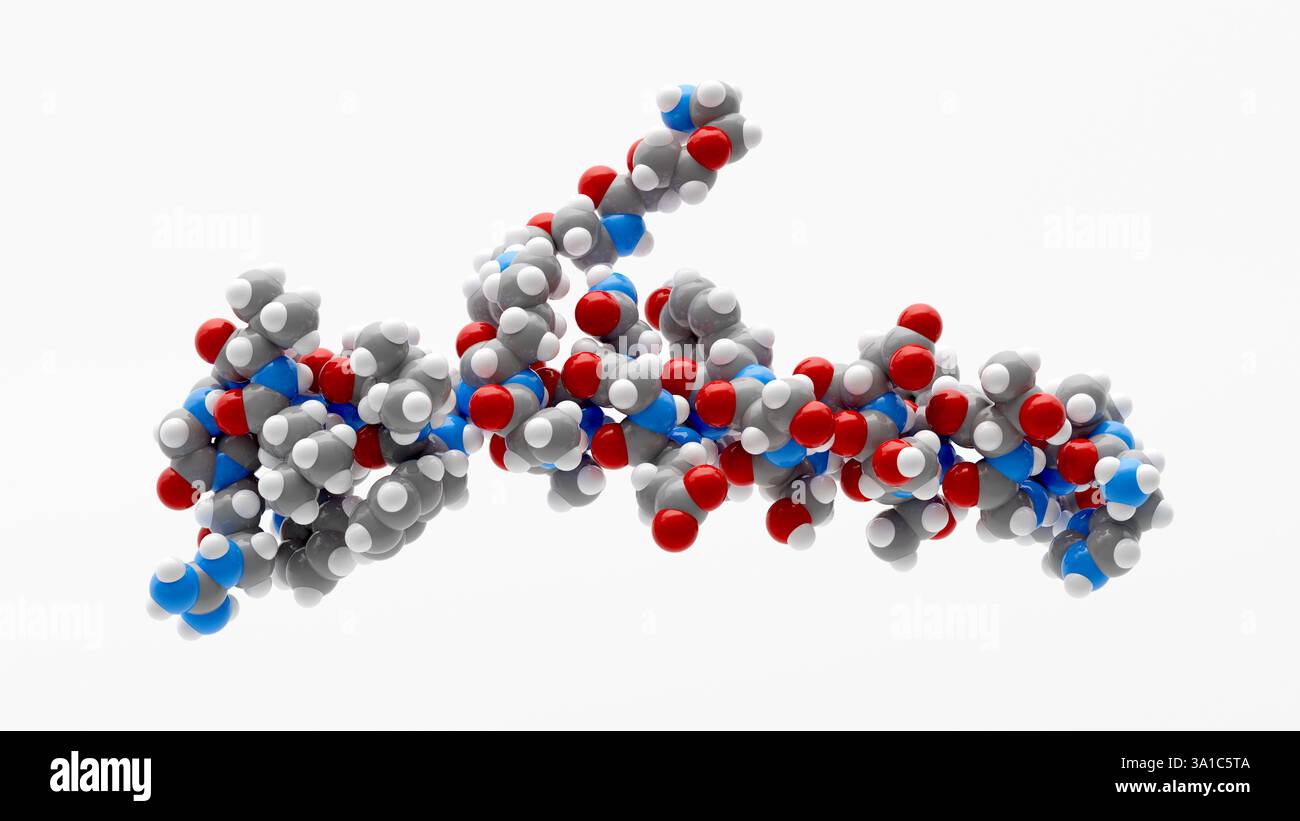 Illustration d'une molécule de semaglutide, qui est un agoniste synthétique du récepteur du peptide-1 de type glucagon (GLP-1). Le semaglutide est couramment prescrit pour le traitement du diabète de type 2, car il aide à réguler le taux de sucre dans le sang en augmentant la sécrétion d’insuline, en réduisant la libération de glucagon et en ralentissant la vidange gastrique. Banque D'Images