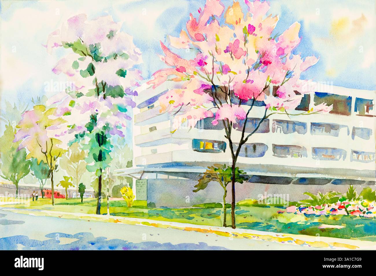 Paysage aquarelle peinture originale colorée de cerisier sauvage de l'himalaya et émotion sur fond bleu Banque D'Images