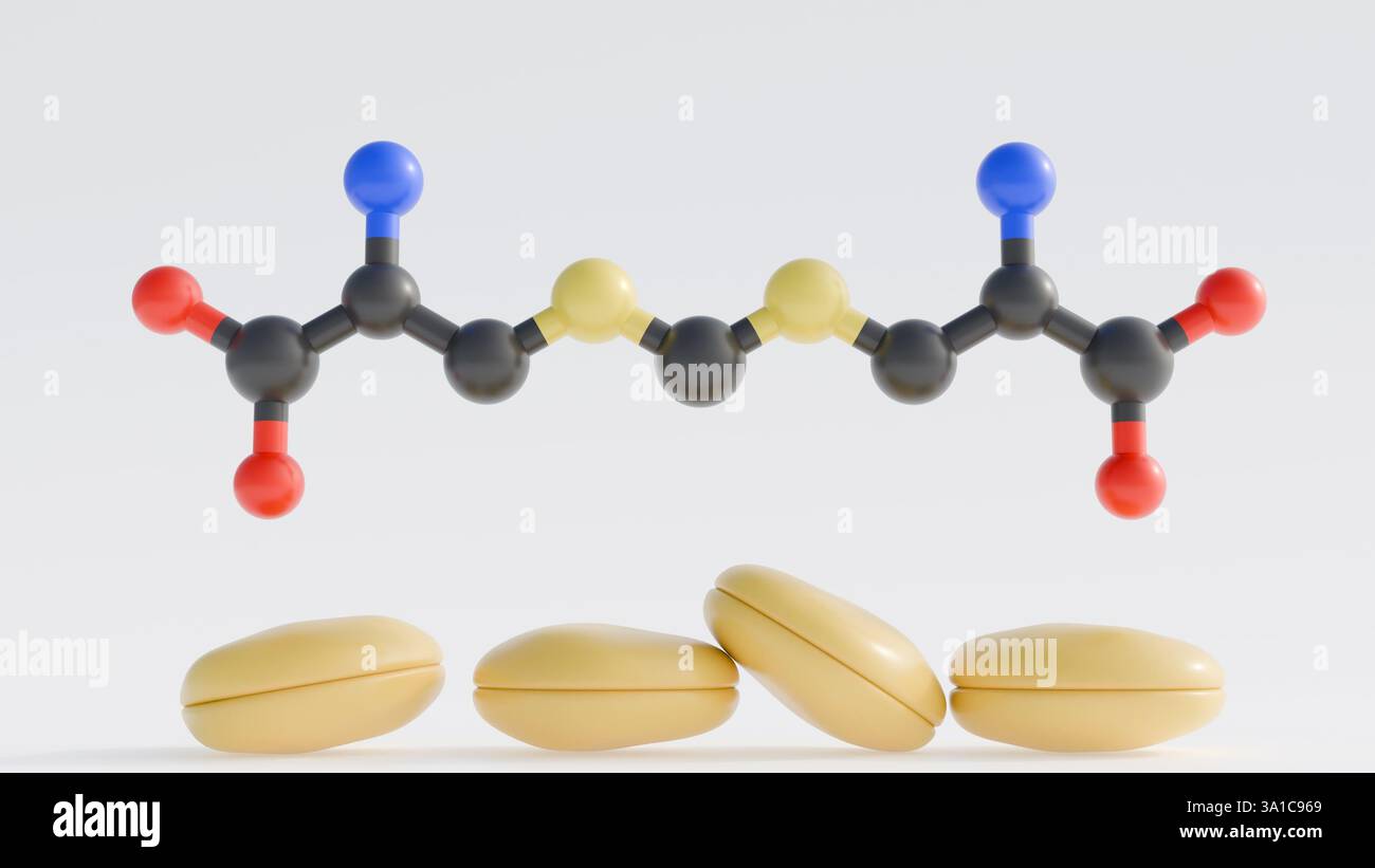 Un rendu 3D représente la structure moléculaire de l'acide djengkolique aux côtés de sa source naturelle, un amas de haricots de jengkol. Banque D'Images