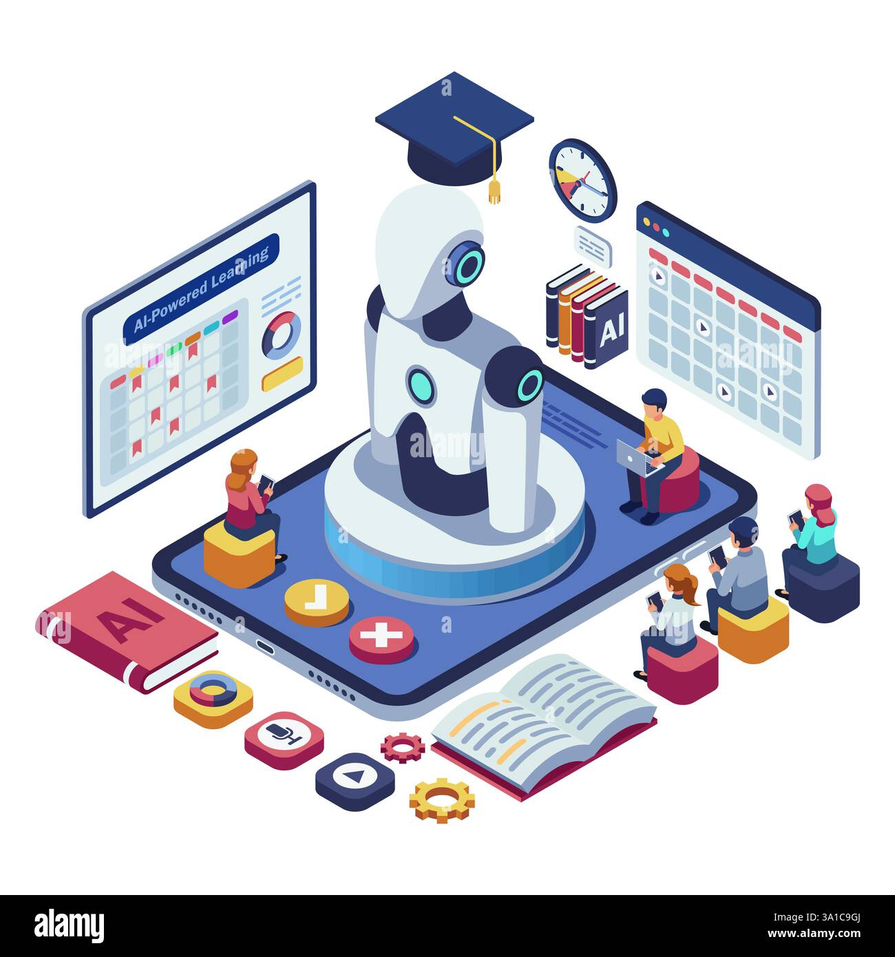 Étudiants isométriques interagissant avec la plate-forme d'apprentissage basée sur l'IA. Concept d'apprentissage et d'apprentissage en ligne alimenté par L'IA Illustration de Vecteur