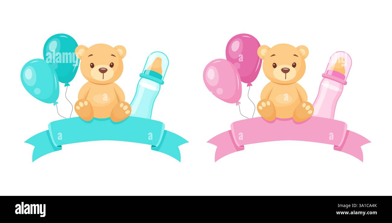 Deux adorables ours en peluche avec des ballons et des biberons, arc pour le texte, parfait pour la révélation de genre ou les invitations de douche de bébé. Illustration de Vecteur
