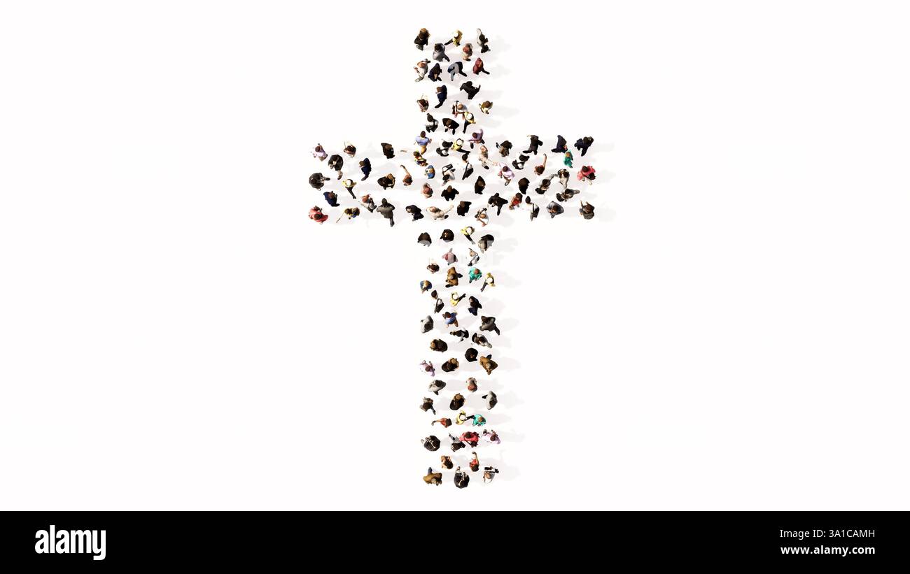 Concept ou conceptuel grande communauté de personnes formant l'image d'une croix chrétienne religieuse. Une métaphore d'illustration 3d pour Dieu, Christ Banque D'Images
