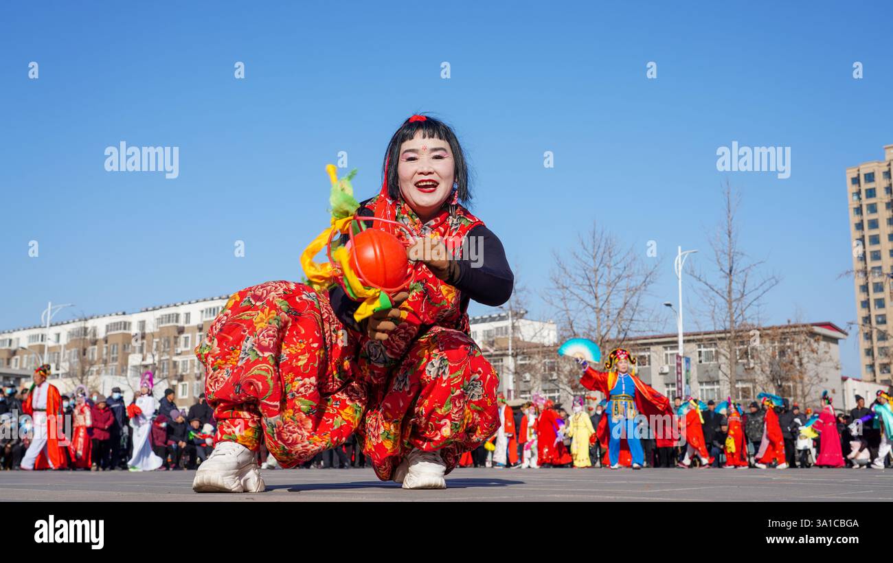 Comté de Luannan, Chine - 13 février 2025 : les gens exécutent des danses du lion sur la place pour célébrer le festival traditionnel chinois - le Festiv des lanternes Banque D'Images