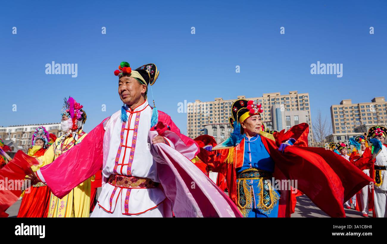 Comté de Luannan, Chine - 13 février 2025 : les gens vêtus de beaux costumes dansent le yangko pour célébrer le nouvel an chinois traditionnel. Banque D'Images