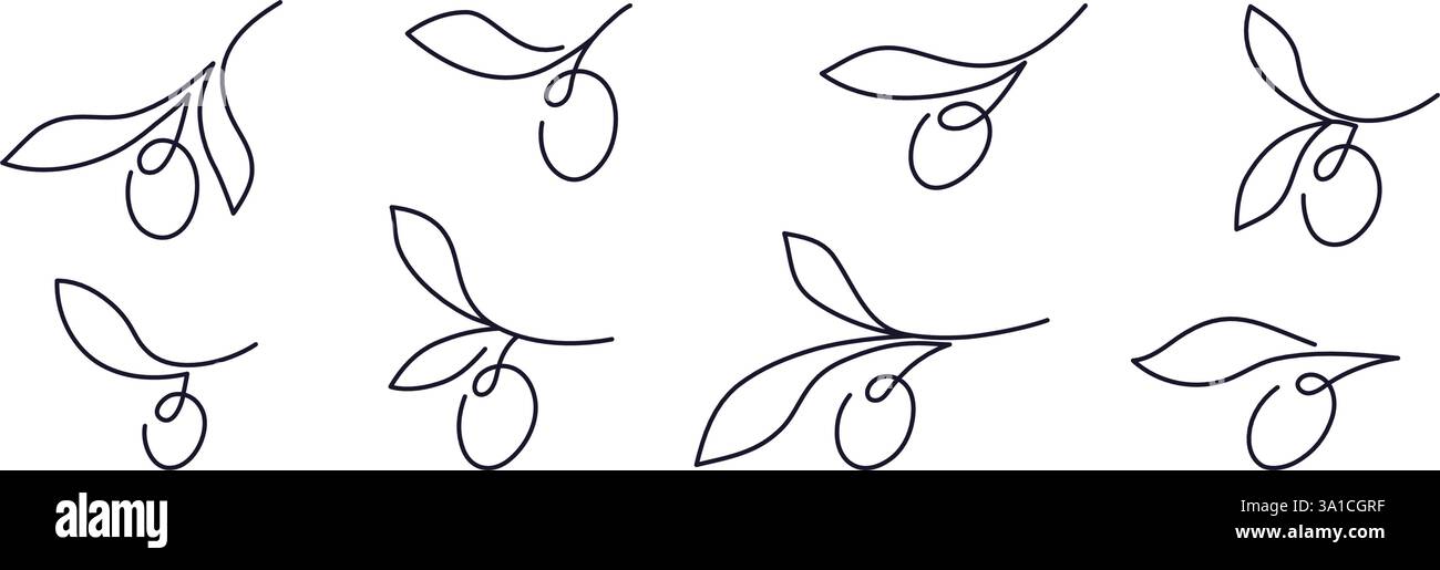 Branche d'olivier. Jeu de lignes continues vectorielles. Esquisse minimale pour le menu de conception, symbole d'huile. Collection grecque abstraite isolée sur fond transparent. Ed Illustration de Vecteur