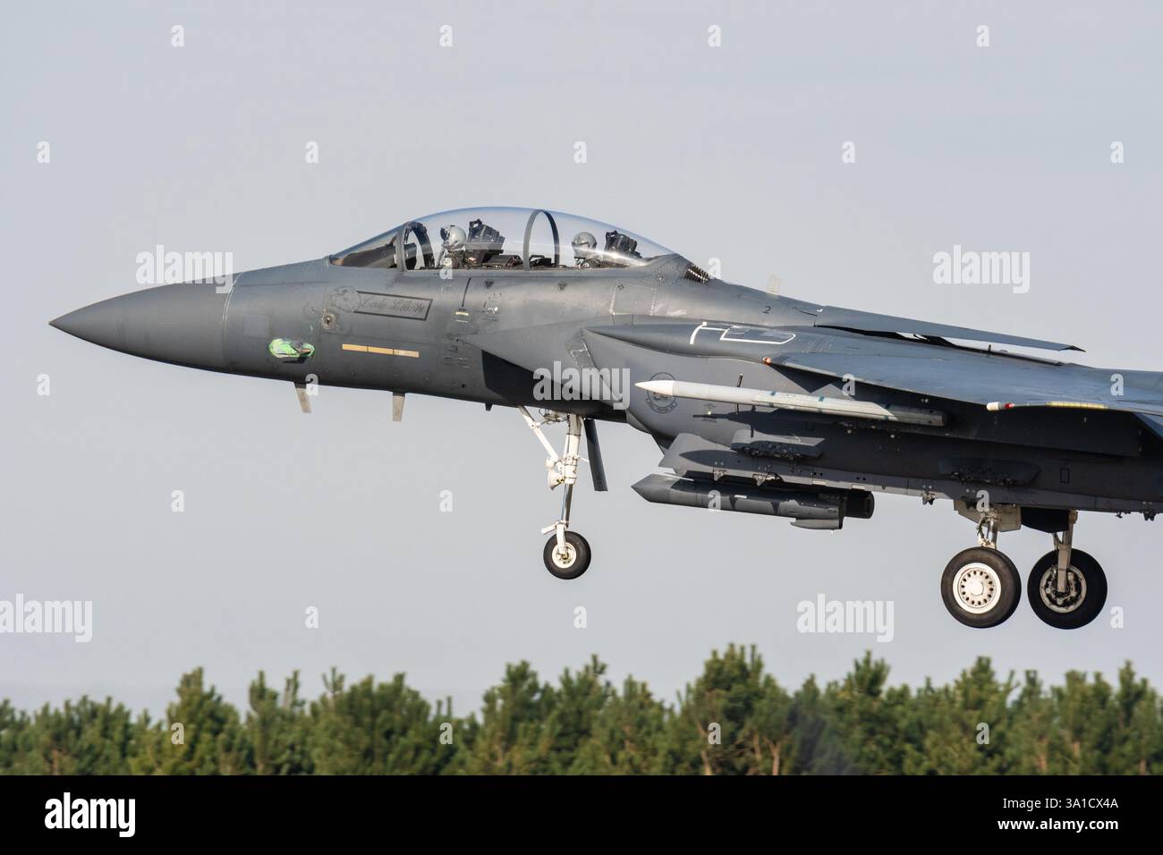 Gros plan du cockpit d'un McDonnell Douglas F-15 Eagle de l'USAF arrivant à RAF Lakenheath, Suffolk Banque D'Images