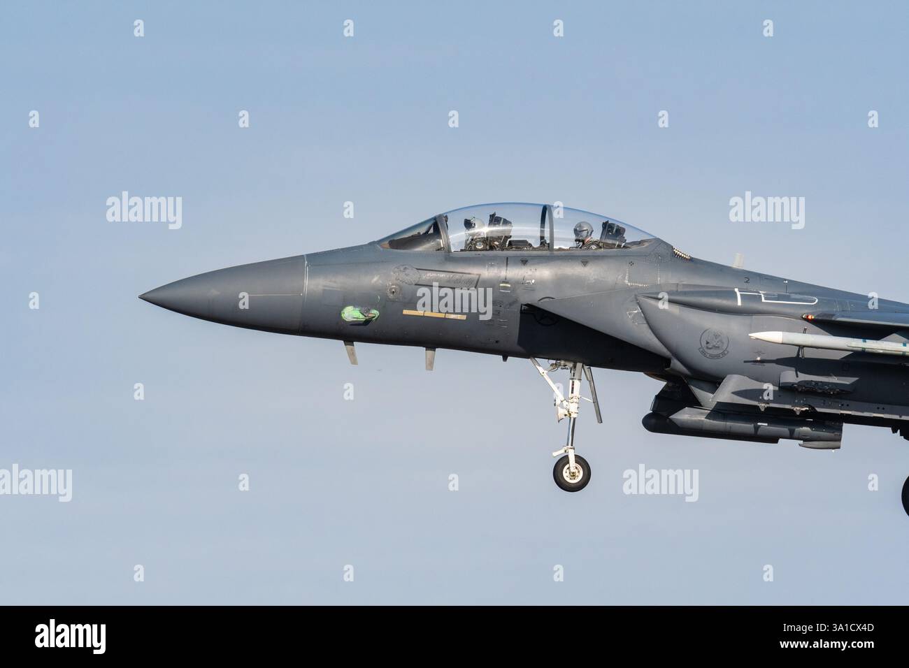 Gros plan du cockpit d'un McDonnell Douglas F-15 Eagle de l'USAF arrivant à RAF Lakenheath, Suffolk Banque D'Images